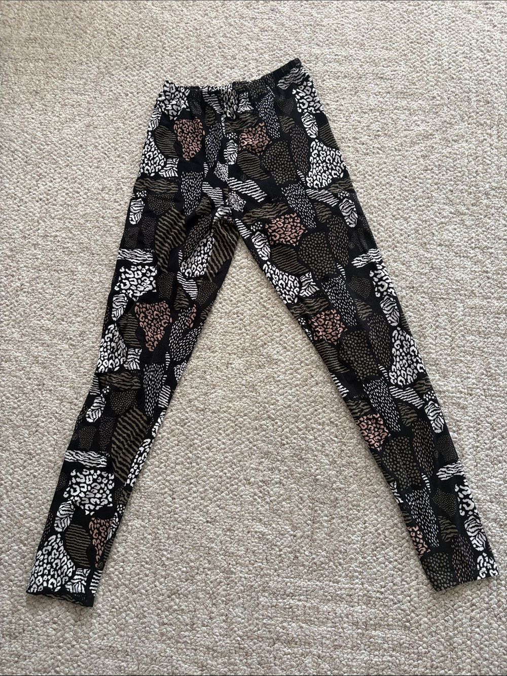 Agnes & Dora Black Animal Print Patterned Leggings with White and Brown Accents